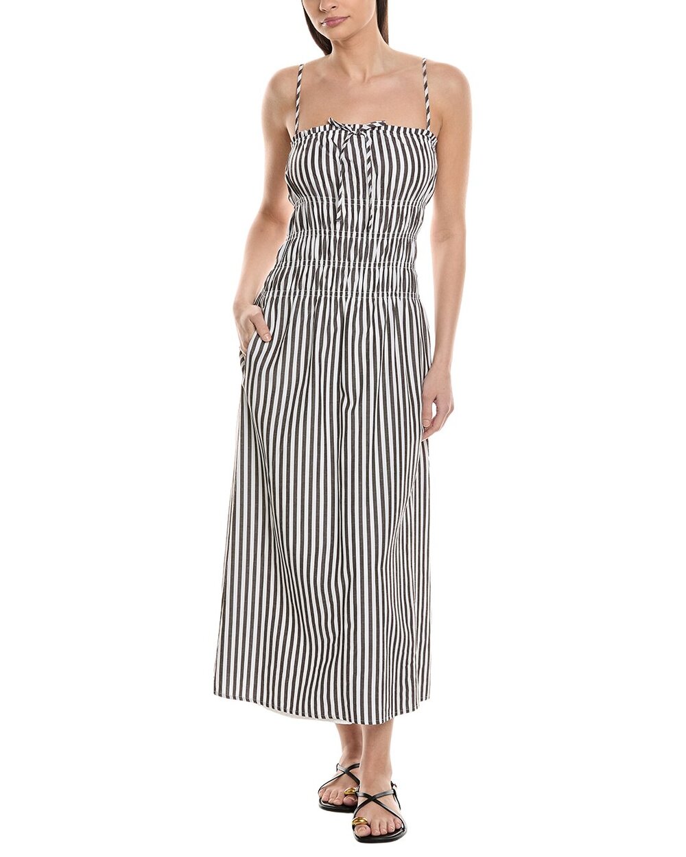 Onia Smocked Linen Blend Chocolate striped dress size XL